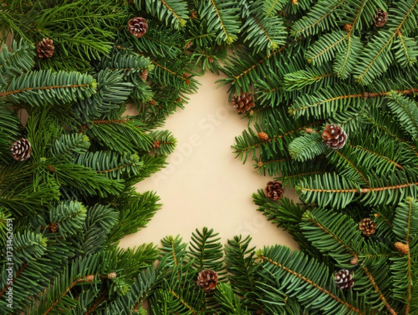 Fototapeta Negative space Christmas tree concept. Creative winter layout made with evergreen tree branches. Flat lay
