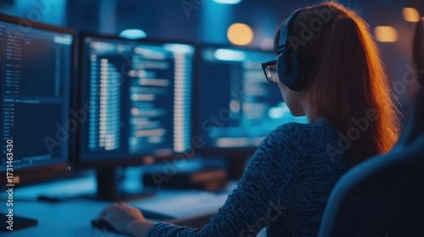 Fototapeta Female programmer wearing headphones and glasses, looking at computer screens, working in a dark office at night