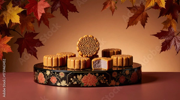 Fototapeta Traditional mooncakes on lacquered tray, floral patterns and gold accents, with autumn foliage backdrop