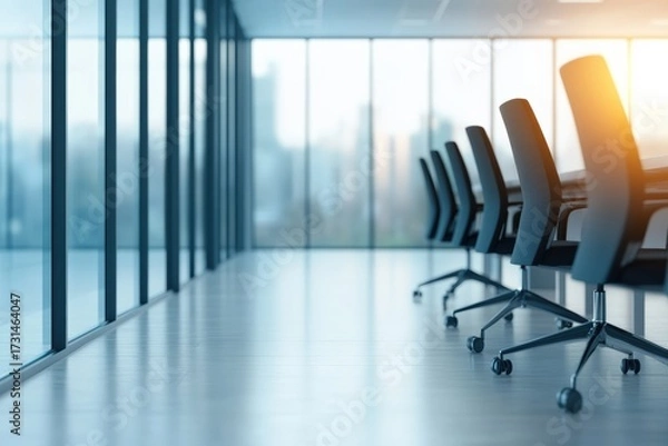 Fototapeta Modern meeting room featuring an empty table with chairs, large windows showcasing bright sunlight and city view