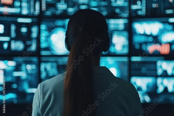 Fototapeta Woman wearing headphones watching and analyzing data on a wall of video monitors in a dark control or security room