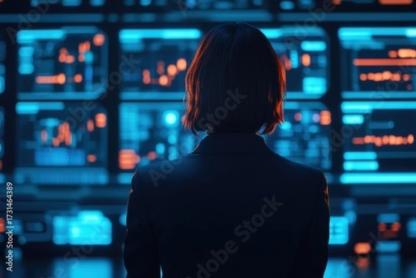 Fototapeta Woman standing with her back to the viewer, observing data and charts on multiple glowing blue and orange screens, representing advanced analytics