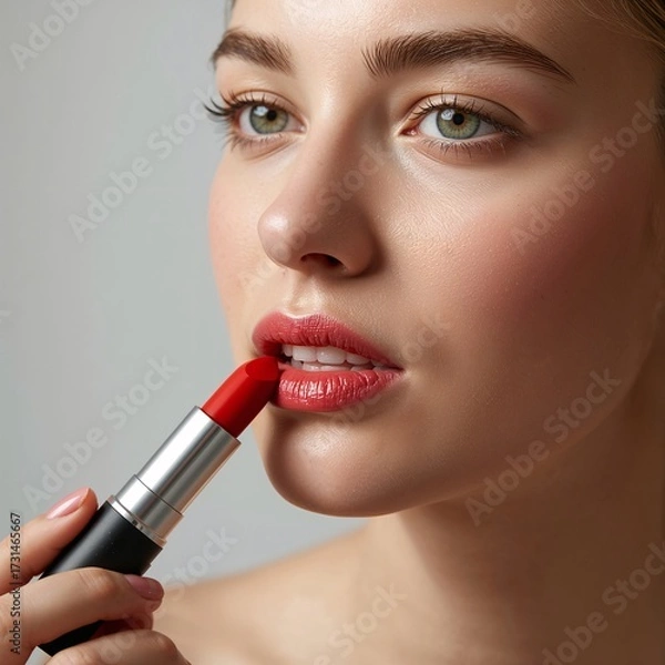 Fototapeta Close-Up Portrait of Young Woman Applying Red Lipstick with Minimal Background and Soft Studio Lighting