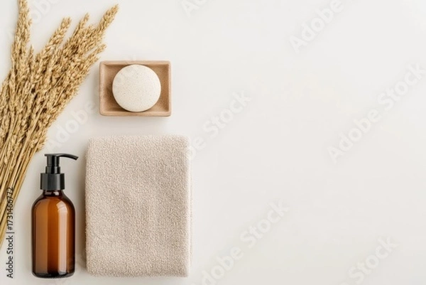 Fototapeta Natural spa cosmetic products and wellness items creating a soothing self care concept, arranged neatly on a clean white surface