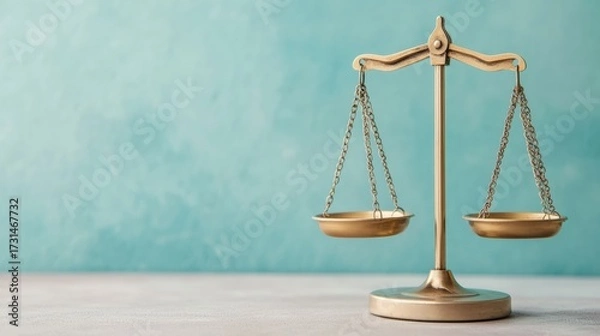 Fototapeta Scales of justice depicting law, judgment, and equality. Concept of balanced legal system or fairness on a teal background