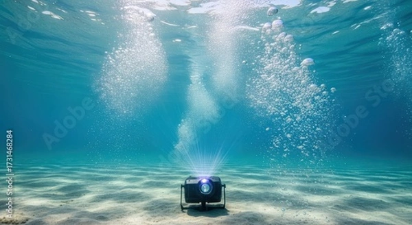 Fototapeta Innovative underwater projector emitting light amidst bubbles on sandy seabed exploration