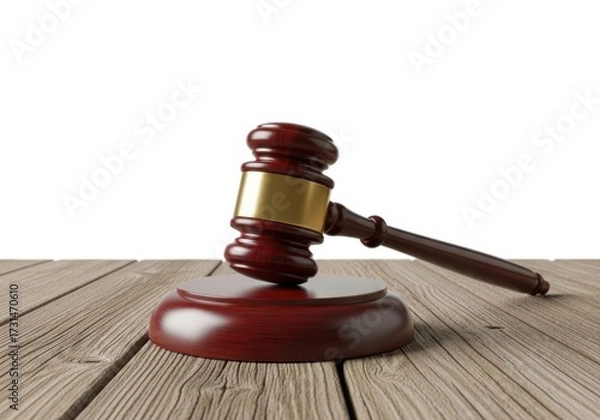 Fototapeta Wooden judge gavel on a wooden table isolated on white background, symbolizing law, justice, and legal proceedings