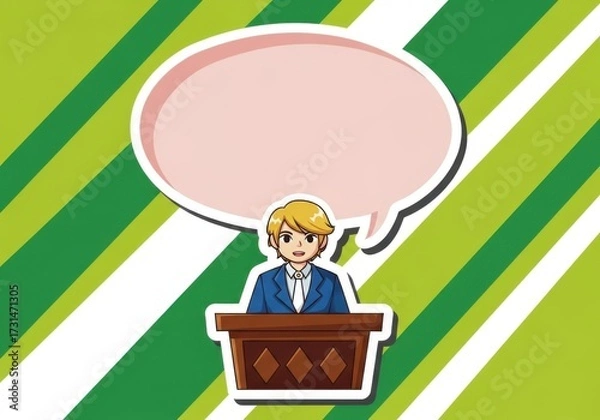 Fototapeta Cartoon character giving a speech with a speech bubble on a green and white striped background