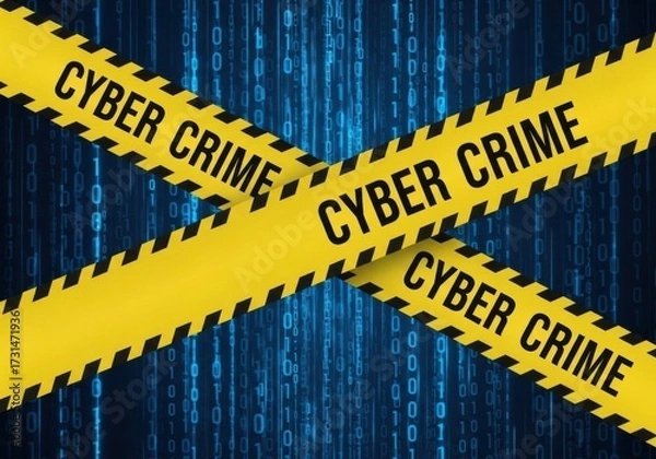 Fototapeta Cyber crime scene with yellow tape over binary code background, concept of internet security and online safety