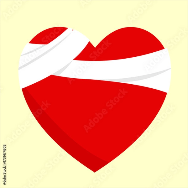 Fototapeta Red heart injury wrapped in a white cloth bandage, symbolizing healing and emotional recovery, flat art design style.
