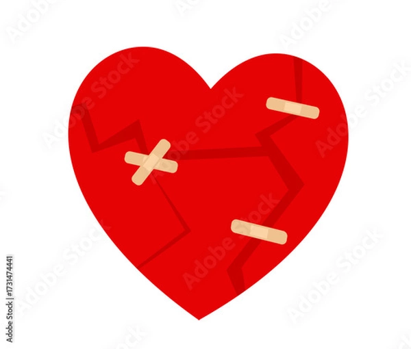 Fototapeta Cracked red heart covered with multiple bandages, a symbolic representation of heart wounds and healing, flat art design style.
