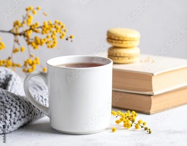 Obraz Still life tea, books, macarons, mimosa & knit texture