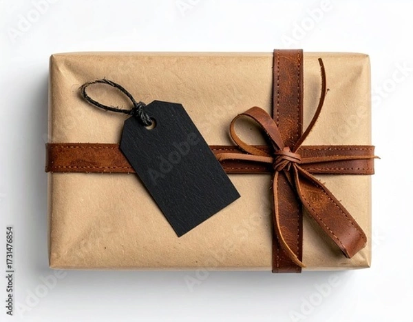 Obraz Gift wrapped in paper, tied with leather, & blank tag