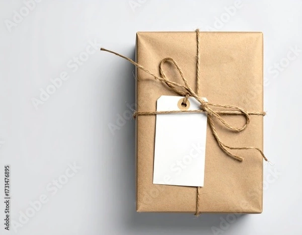 Obraz Brown paper package tied with string, blank tag attached