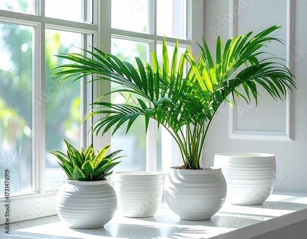 Obraz Potted plants on a windowsill, bright sunlight shines through