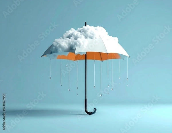 Obraz Cloud rests atop umbrella, raining. Cool, surreal scene