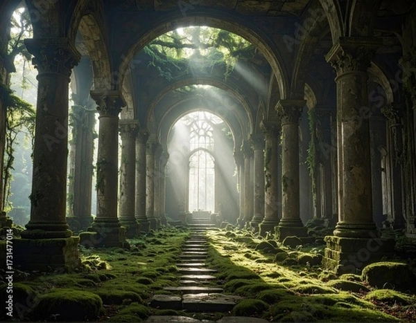 Obraz Mossy corridor; light streams through aged gothic arches