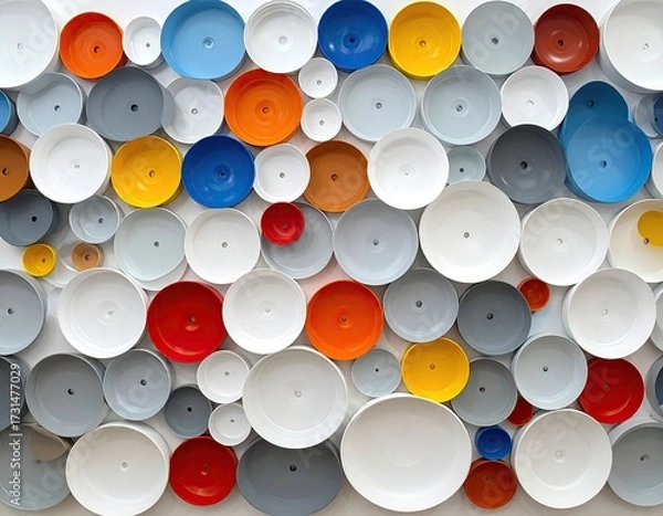 Obraz Circular dishes mounted on a wall create a colorful pattern