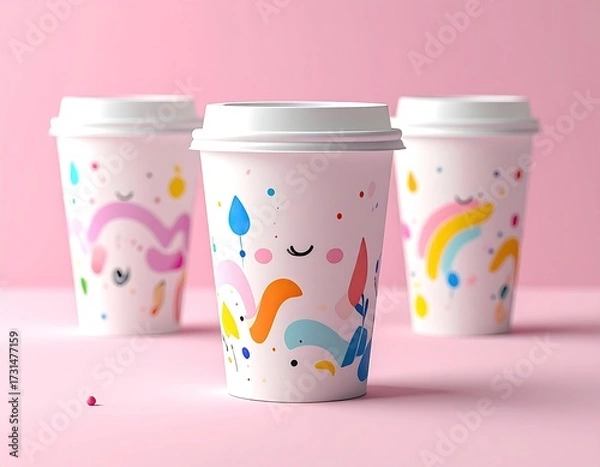 Obraz Trio of cups, colorful drips, cute faces, pink backdrop