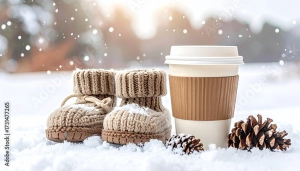Obraz Winter scene booties, coffee, pinecones, snow sparkles