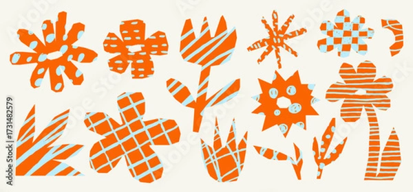 Fototapeta Irregular flower scrapbook element set with crayon pencil texture, doodles and scribbles. Naive floral paper cutouts in bright orange and blue tones for collages.