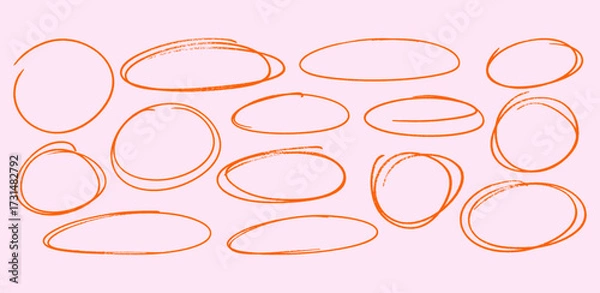Fototapeta Hand drawn circle, oval, ellipse frames with pen crayon textures. Pencil doodles and scribbles. Playful red sketchy outlines for text highlights, scrapbook, collages, notes.