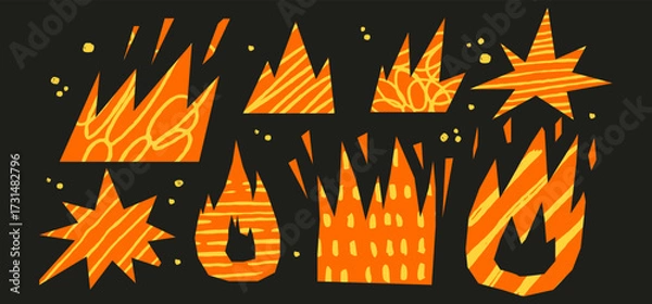 Fototapeta Playful fire and explosion scrapbook elements with crayon pen textures, scribbles and doodles patterns. Kids flame paper cutout  silhouette in bright orange and yellow for collage.