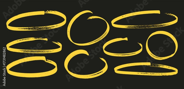 Fototapeta Marker draw yellow frames. Circles, ovals, ellipses highlights with rough sketchy texture. Minimal brush icon strokes for notes.