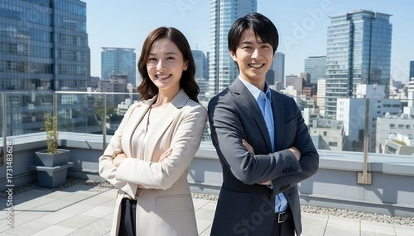 Fototapeta 高層ビルを背景に微笑む男女のポートレート