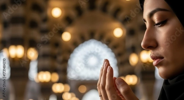 Fototapeta Muslim woman in hijab offering prayers in a mosque with soft glowing lights creating a serene