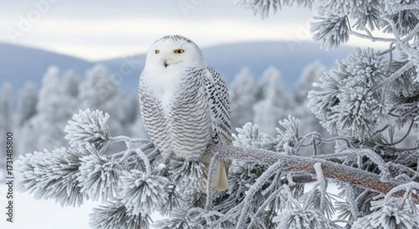 Fototapeta Snowy owl perched on a frost-covered pine branch in a winter wonderland landscape with a serene
