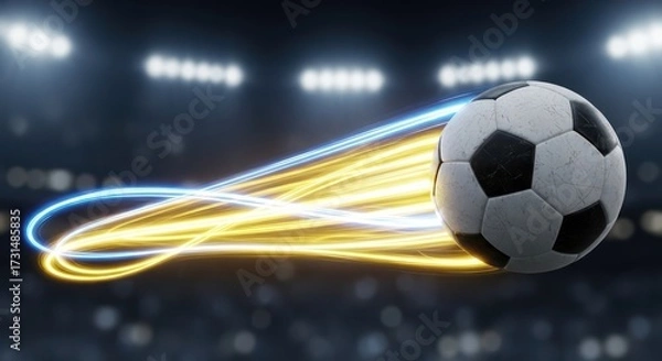 Fototapeta Dynamic action shot of a soccer ball speeding through stadium lights with energy trails