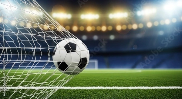 Fototapeta Dynamic image capturing the thrill of a soccer ball hitting the net in a stadium setting