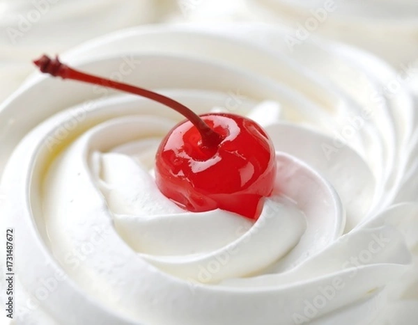 Fototapeta Close-up of a creamy white dessert with a red cherry