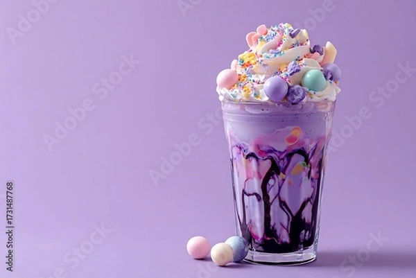 Fototapeta A blackcurrant ice cream shake decorated with syrup swirls, whipped cream, and pastel purple candies, with a pastel violet background