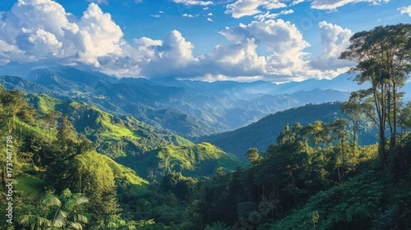 Fototapeta A scenic view of lush green mountains under a bright blue sky filled with fluffy white clouds above trees
