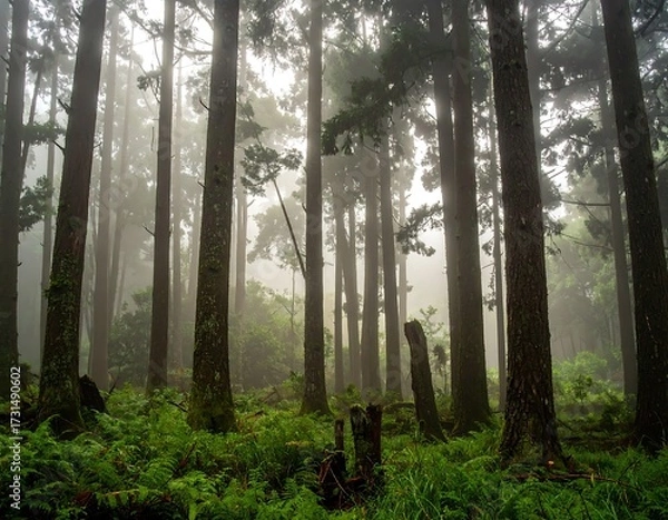 Obraz Misty forest with tall pine trees