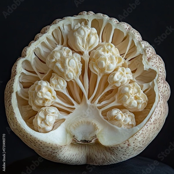 Fototapeta A cross section of a jackfruit showing its internal structure and seed pods on a black background