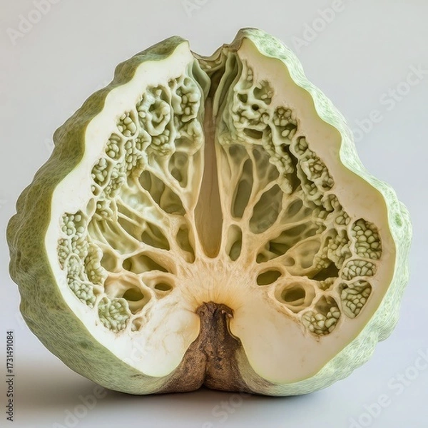 Fototapeta A cross section of a buddha's hand fruit showing the intricate internal structure and pale green color