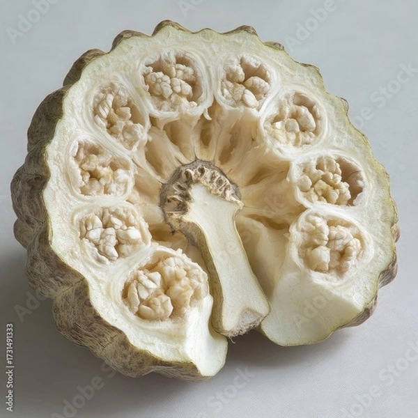Fototapeta A cross section of a white fruit with multiple seed compartments on a plain background close up view