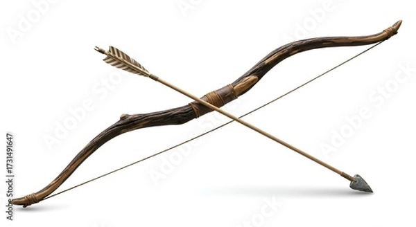 Fototapeta A rustic wooden bow and arrow, isolated on clean white background