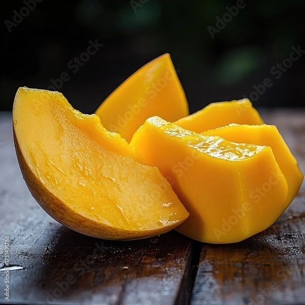 Fototapeta Close up of several mango slices arranged on a dark wooden surface with a blurred background scene view