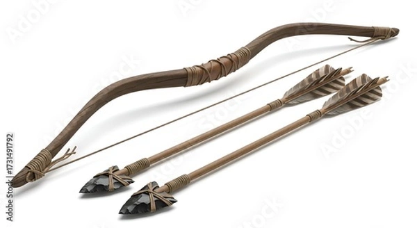 Fototapeta A rustic wooden bow and arrow, isolated on clean surface