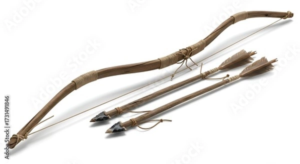 Fototapeta A rustic wooden bow and arrow, isolated on white surface