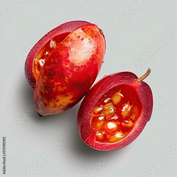 Fototapeta Close up of two halves of a red passion fruit showing the seeds inside on a light gray background