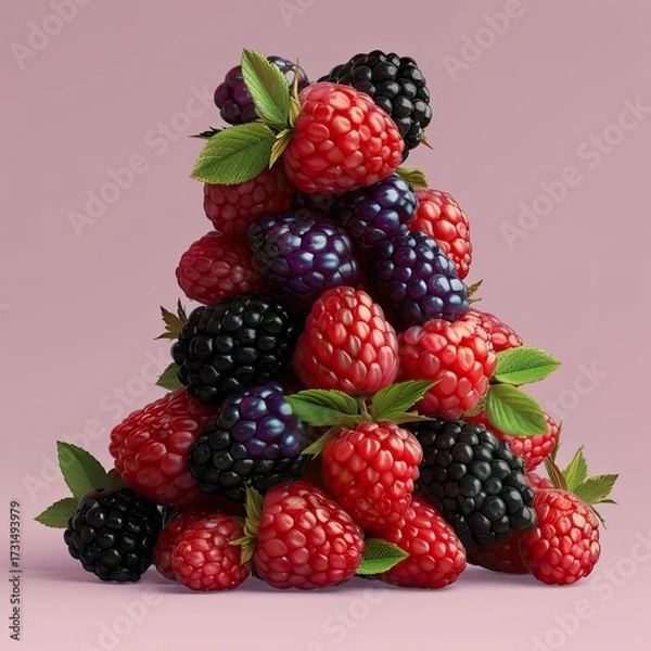 Fototapeta A pyramid of fresh raspberries and blackberries with green leaves on a light pink background studio shot