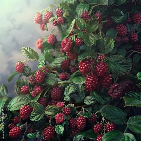Fototapeta A close up view of a raspberry bush filled with ripe raspberries and green leaves in natural light setting