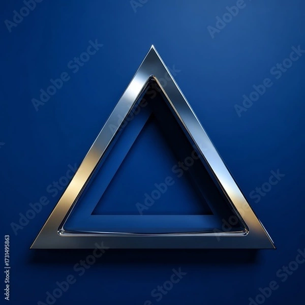 Fototapeta Abstract 3D rendered metallic silver triangular frame with a reflective surface on a deep blue background, showcasing modern geometric design and depth.