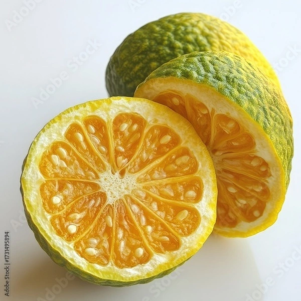Fototapeta Close up of two ugli fruit, one whole and one cut in half, showing the juicy orange segments inside