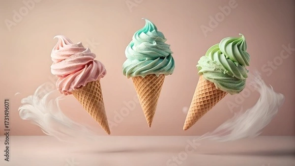 Obraz Three colorful ice cream cones with swirls of pink, mint green, and light green, floating with wisps of cream against a soft, peachy background